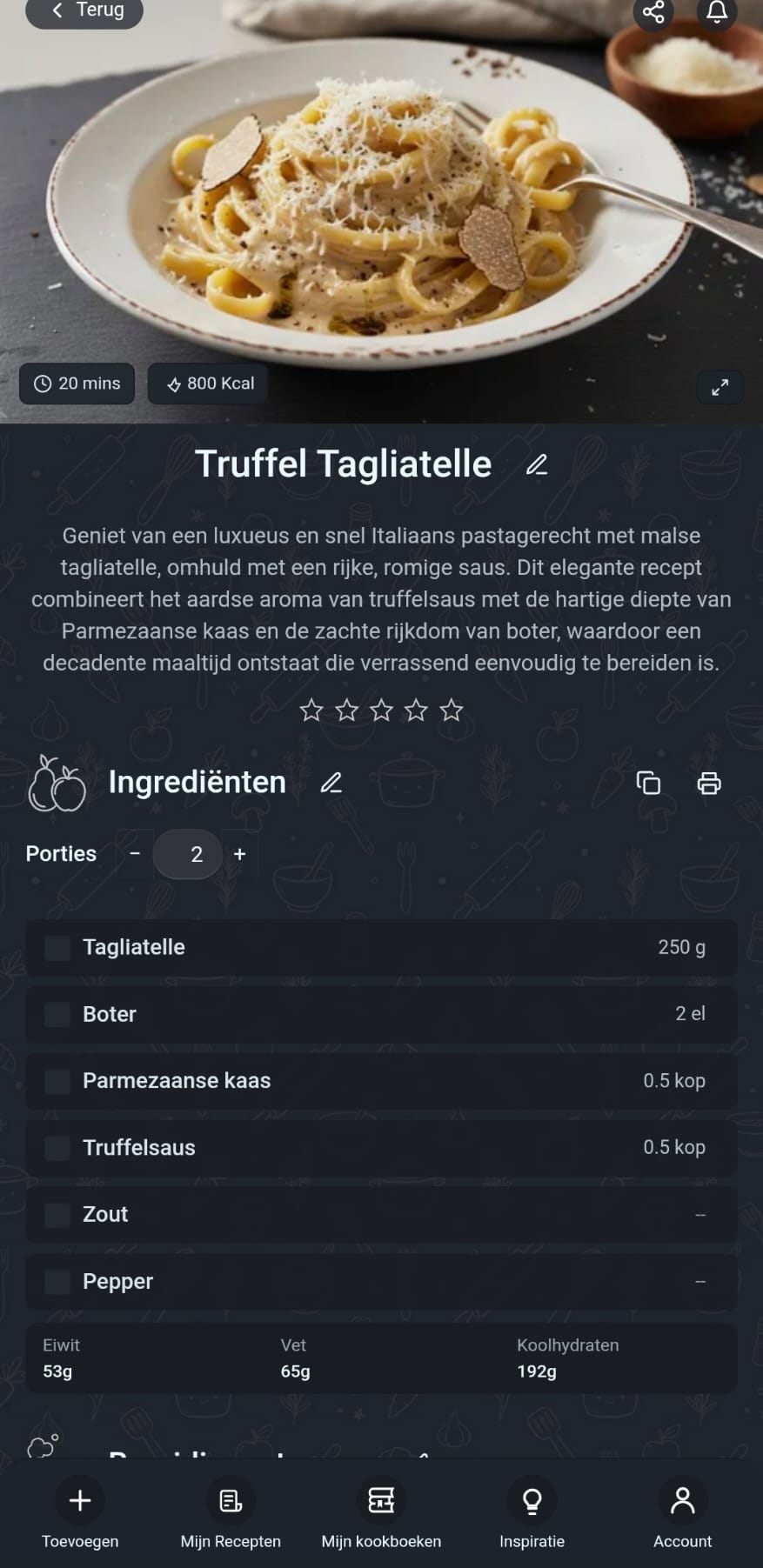 Schermafbeelding van de SmaakApp-receptenlijst